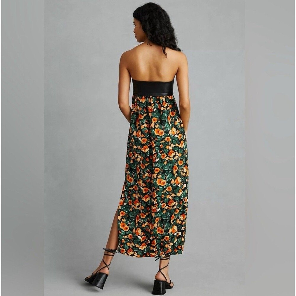 Anthropologie Mare Mare Faux Leather Floral Maxi Dress Side Slit Strapless L NWT - Picture 4 of 14